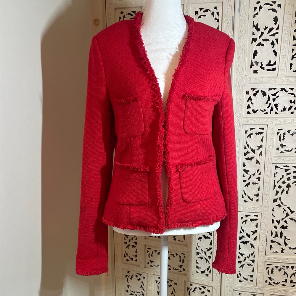 L'AGENCE Red Fringed Open-Front Blazer - Picture 4 of 16